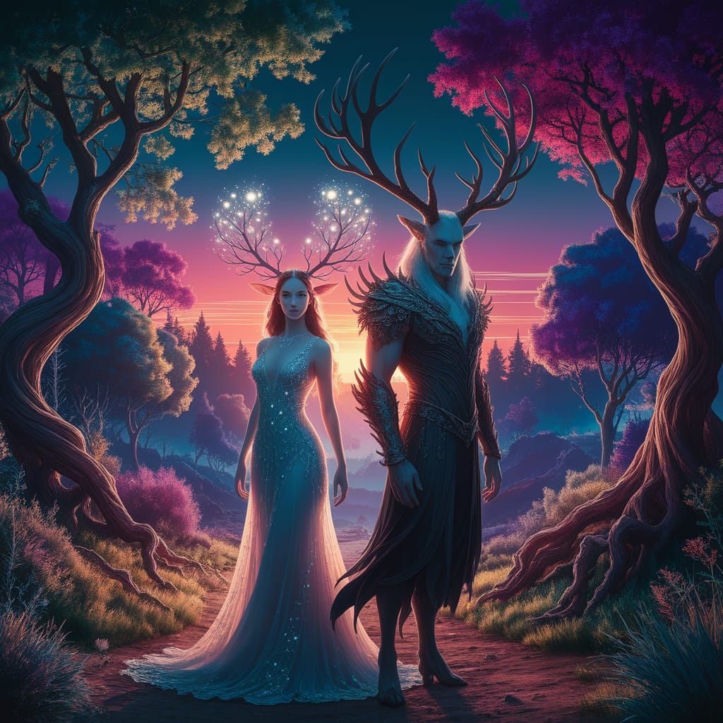 Woman with Delicate, Glowing Antlers in Enchanted Forest