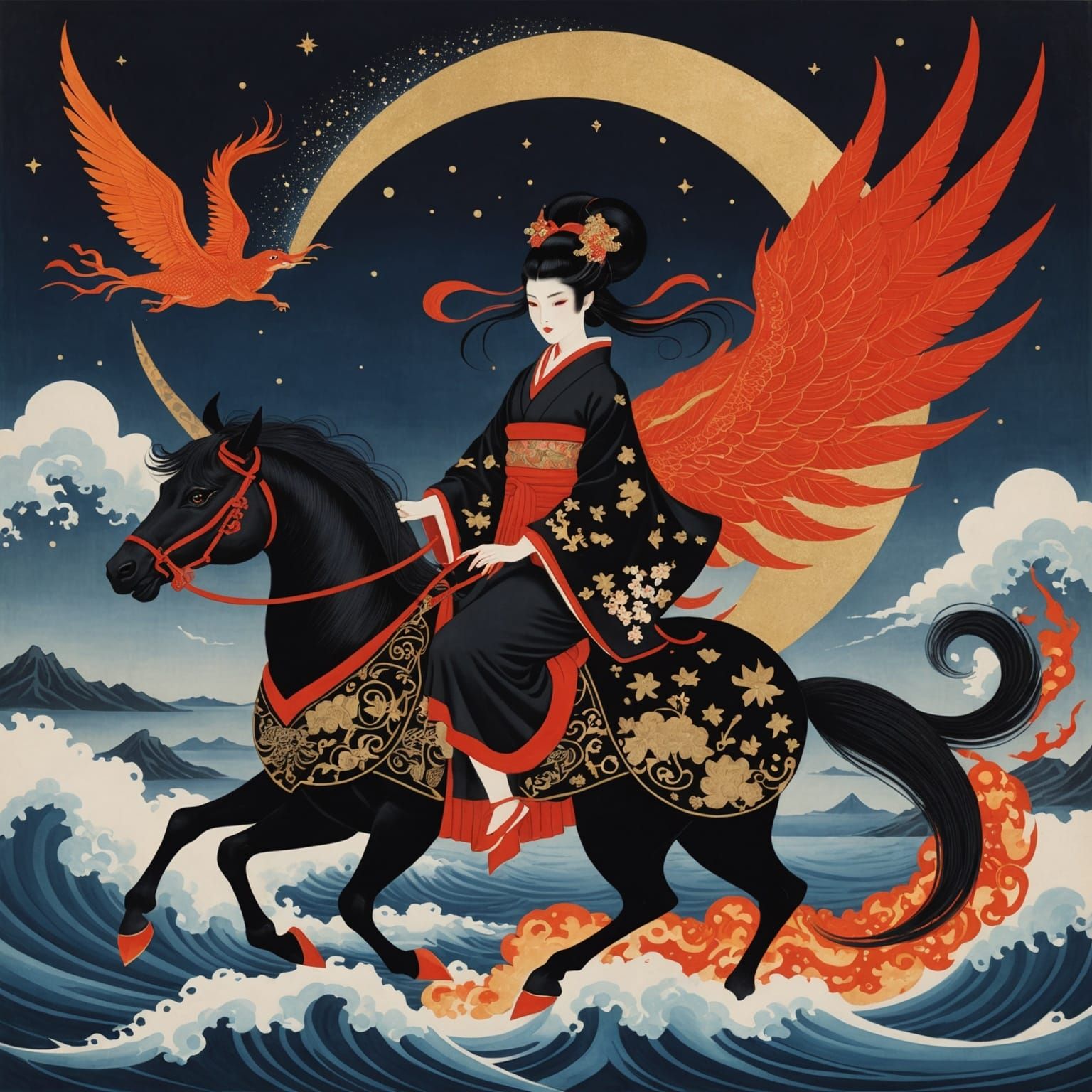 Woman Rides Kirin in Euté Style Japanese Drawing