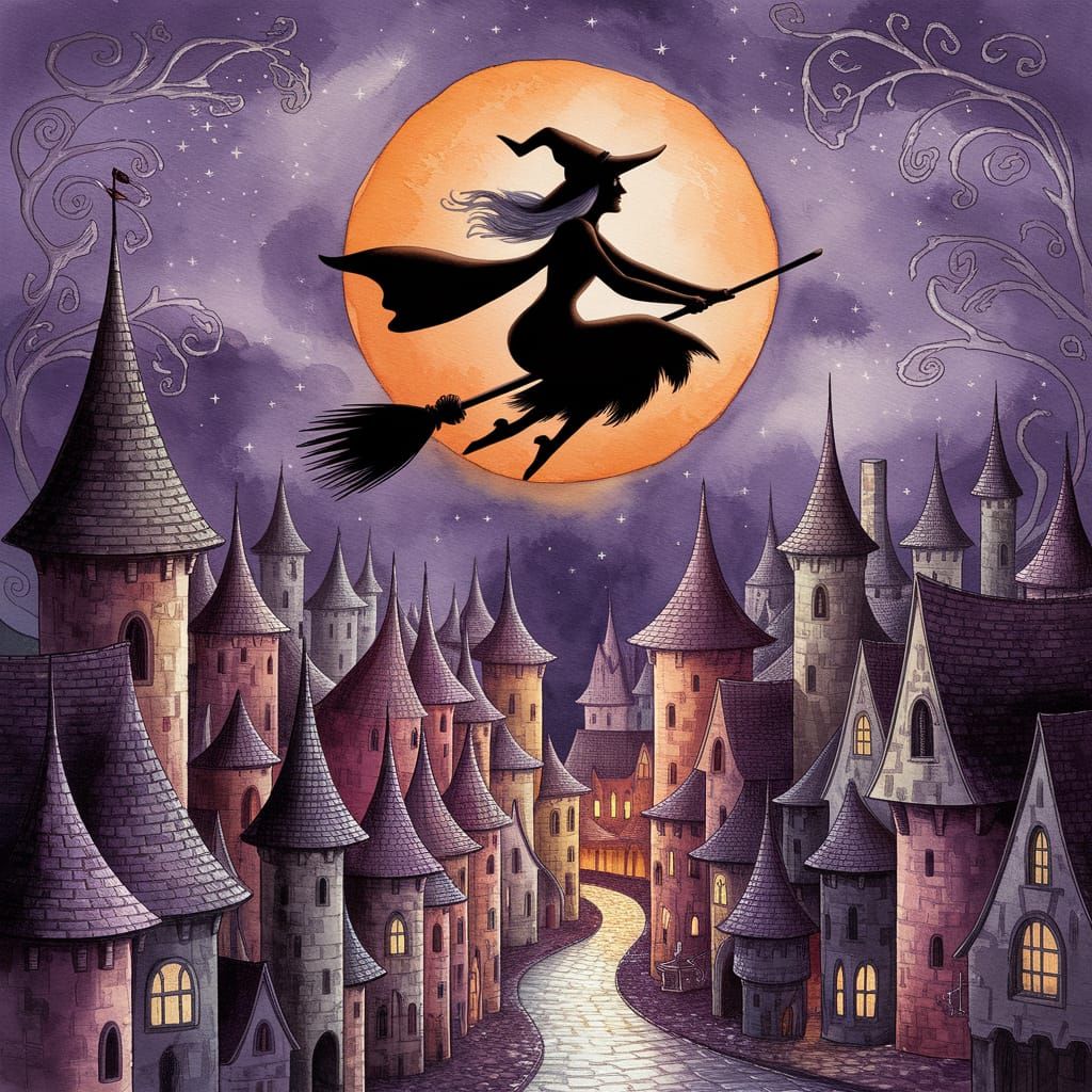 Whimsical Witch Flying Over City at Full Moon
