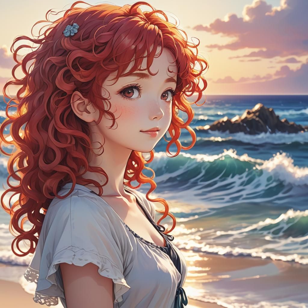 Anime Woman with Red Hair on Beach