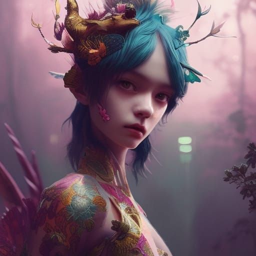 Intricate Bull Nymph Digital Art in Maximalist Style