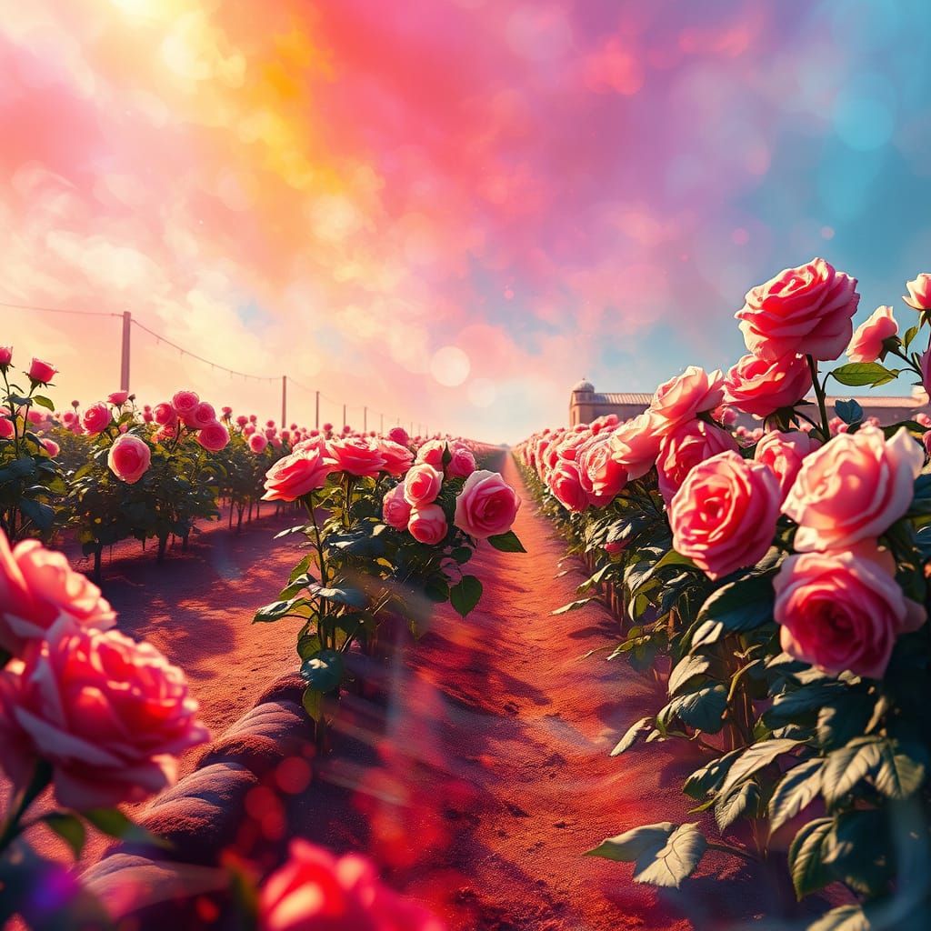 Surreal Rose Farm in Vibrant, Iridescent Hues, Cyberpunk-Ins...