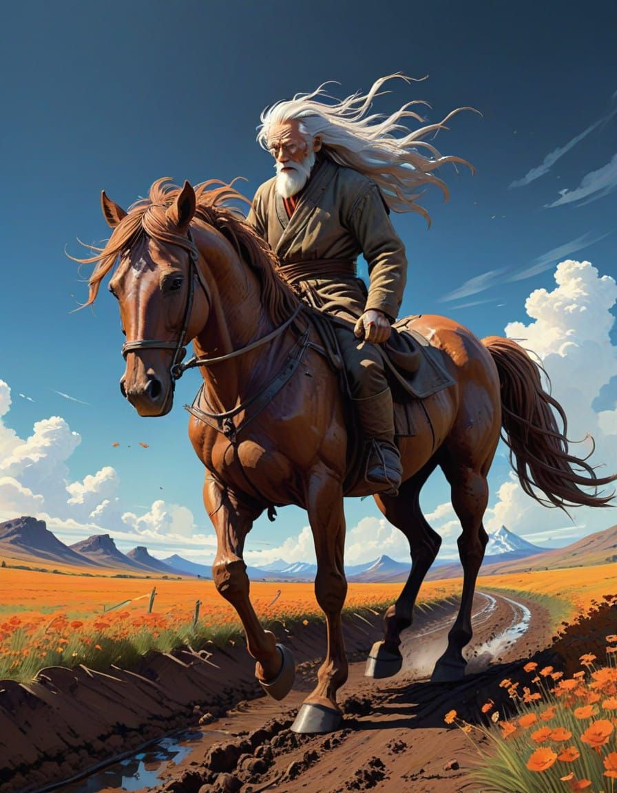 Elderly Farmer and Majestic Horse in Vibrant, Dreamlike Land...