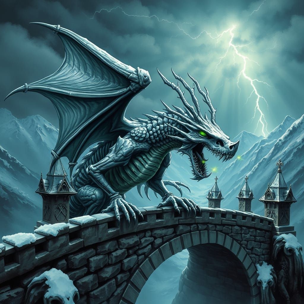 Undead Silver Dragon on Gothic Stone Bridge
