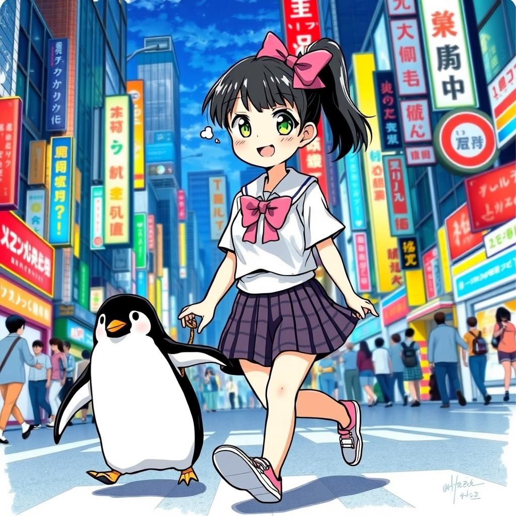Anime Girl and Penguin in Neon Cityscape