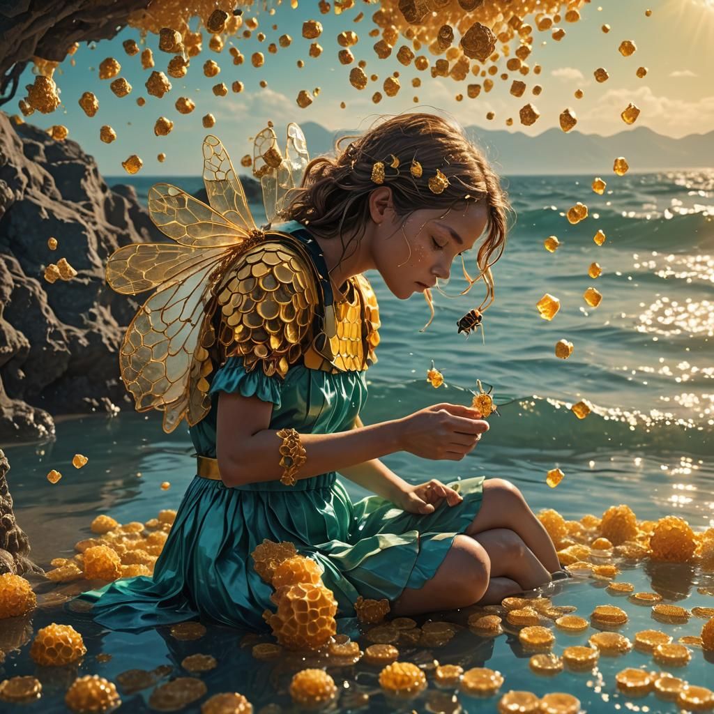 Bee Girl on Sun-Kissed Shore: A Fantasy Illustration