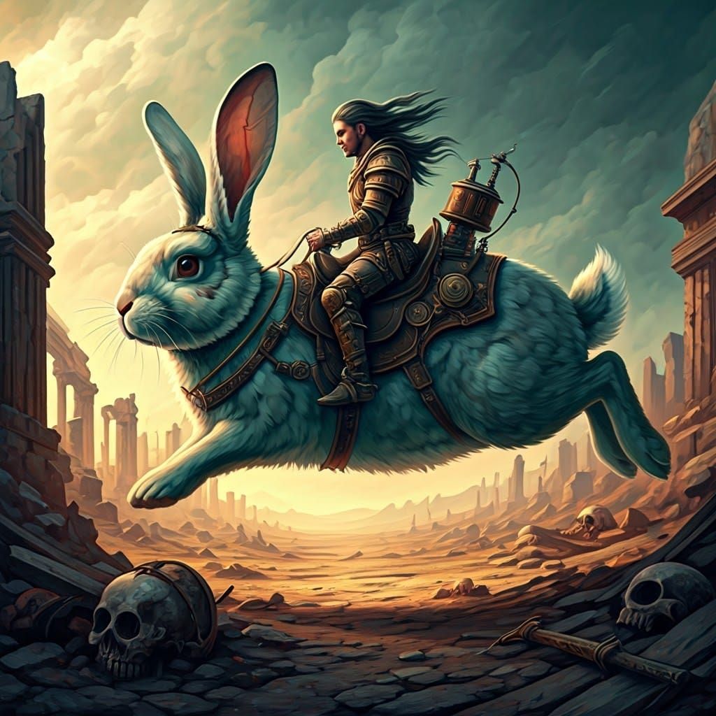 Surreal Steampunk Barbarian Rides Ancient Battlefield Rabbit