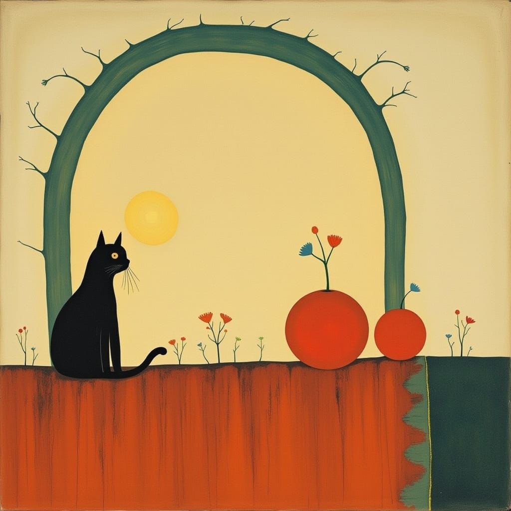 Vibrant Cat Leaping on Hot Tin Roof in Minimalist Style