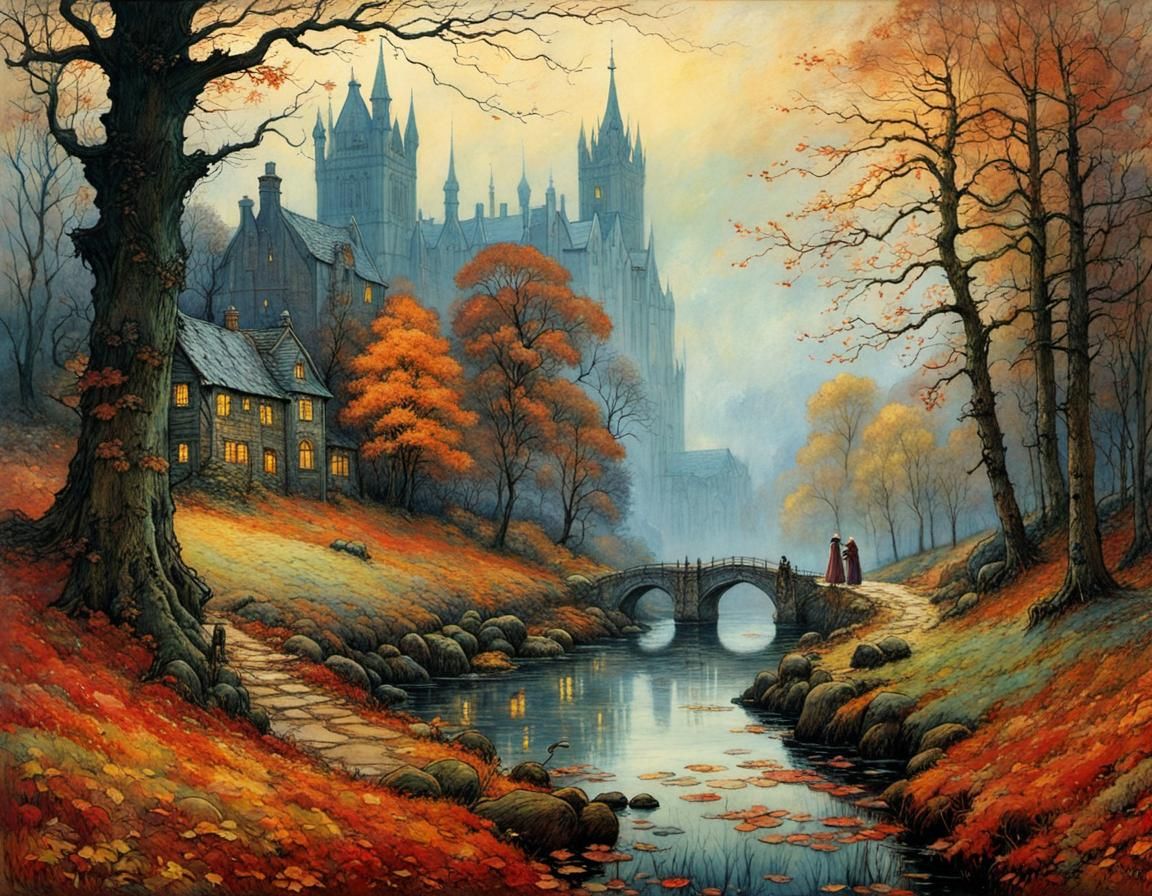 Mysterious Autumn Frost Scene with Falling Leaves