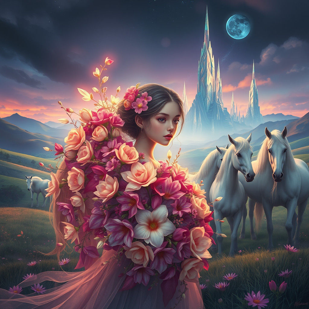 Ethereal Flower Girl with Iridescent Horses