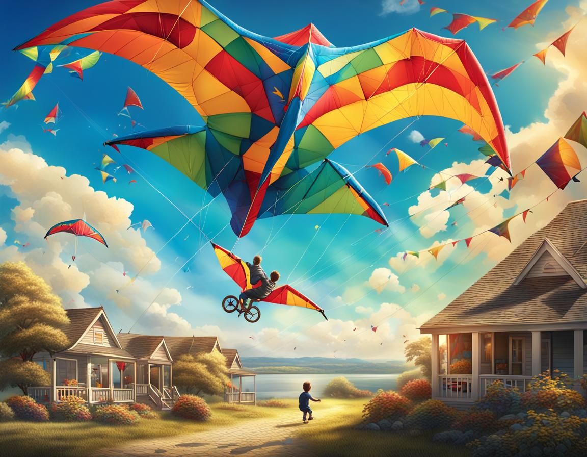 Boy Rides Pterodactyl Kite on Sunny Day