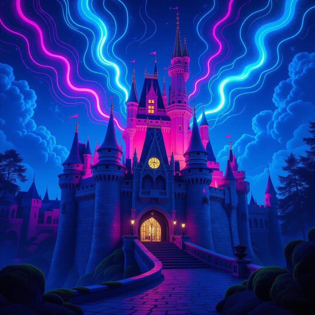 Neon Castle: A Vibrant Surrealist Dreamscape