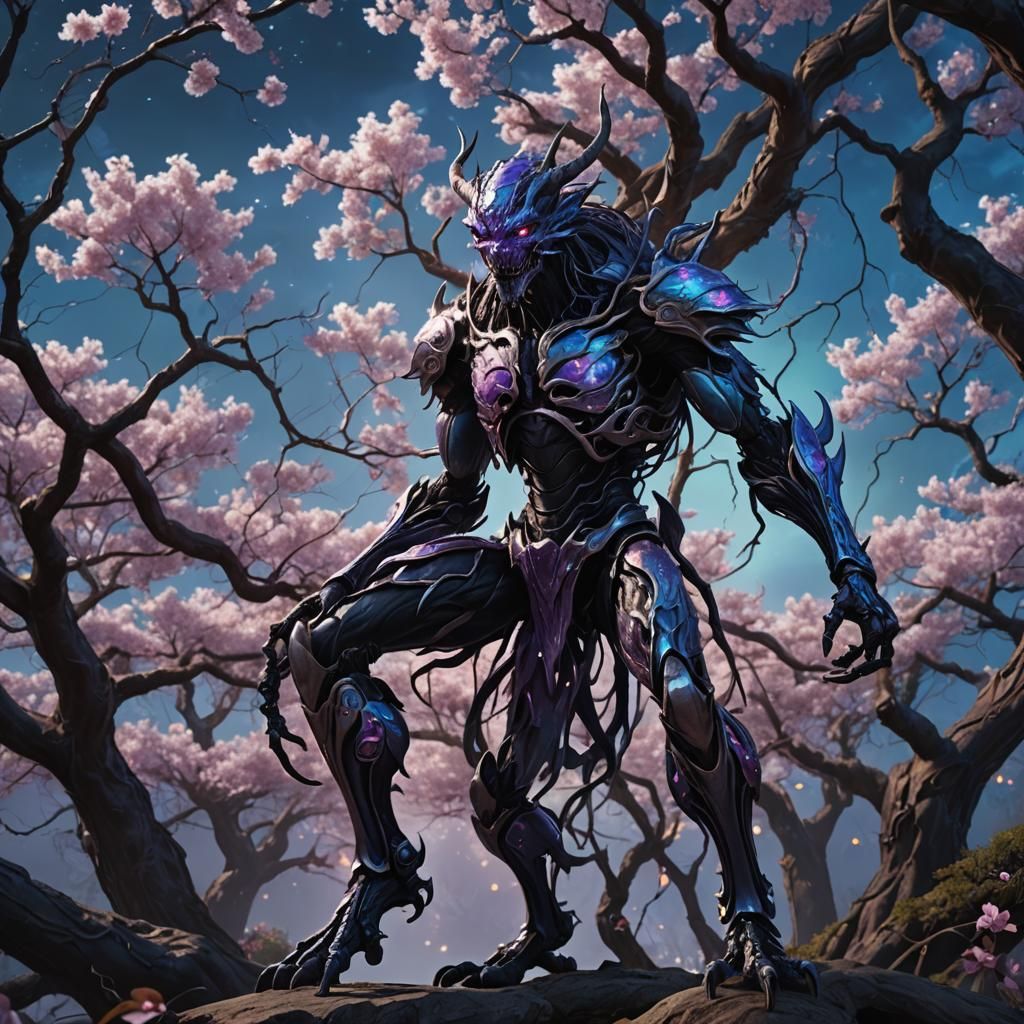 Demonic Insectoid Under Twisted Sakura Tree, Dark Fantasy