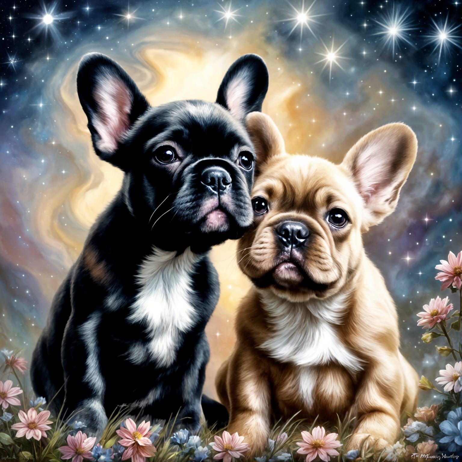 French Bulldog Puppies Admire Starry Sky