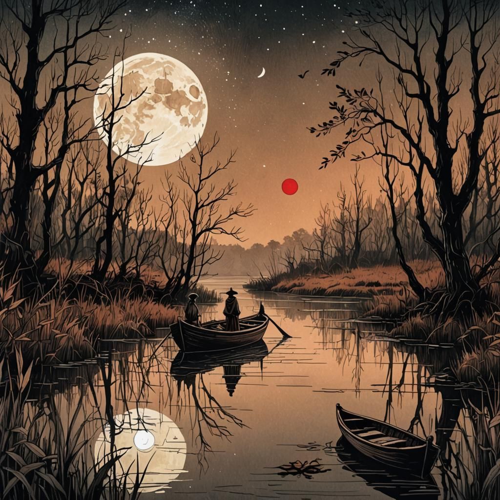 Ghost in Swampy Wetlands: Ink Illustration