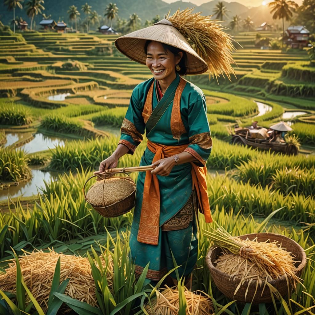 Thai Woman Harvesting Rice: Fantasy Matte Painting
