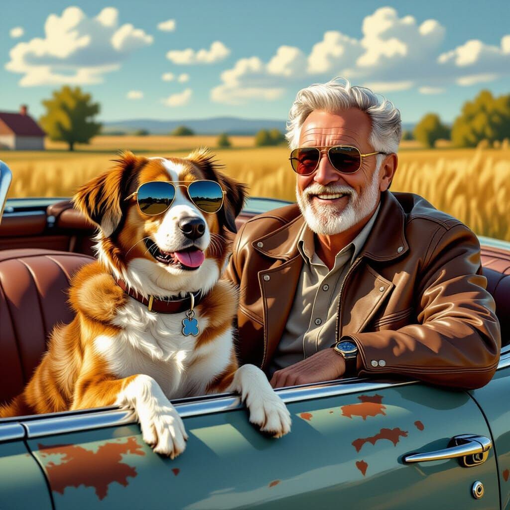 Dog and Man in Old Convertible, Nostalgic Style