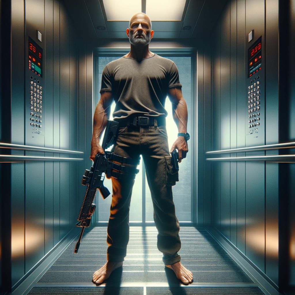 Photorealistic Bald Man in Elevator with Machine Gun