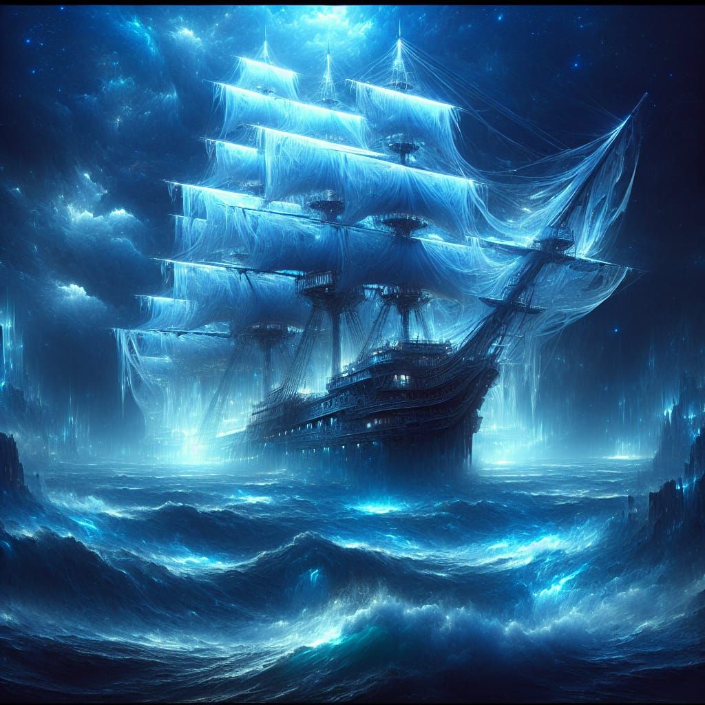 Luminous Ghost Ship on Stormy Sea: Matte Painting