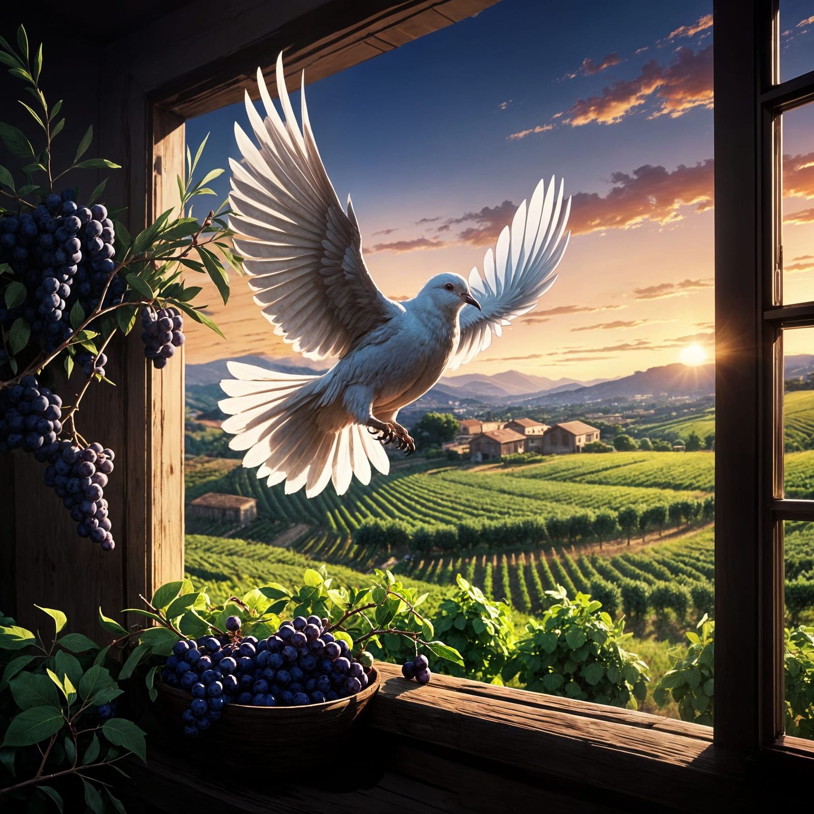 Italian Sunset Serenade: Dove of Peace in a Golden Grape Fie...