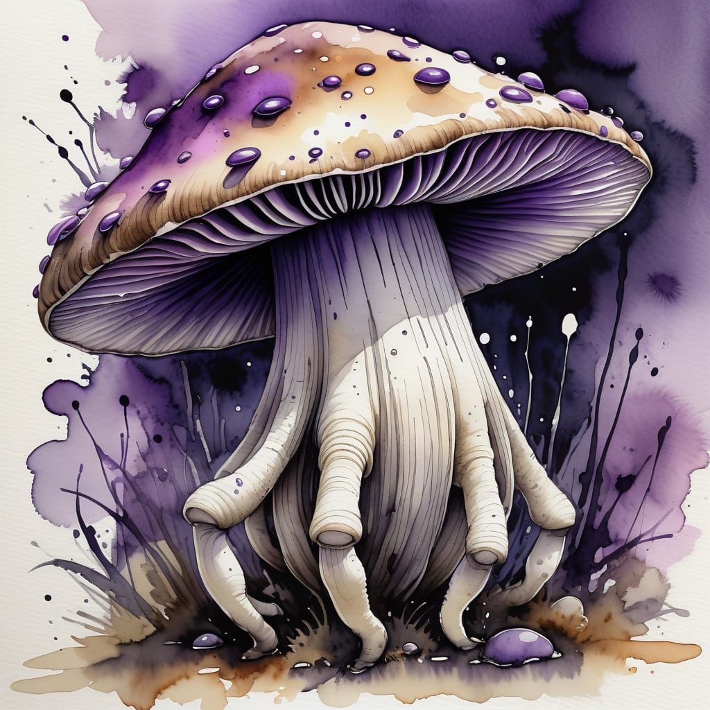 Mushroom Creature Painting with Purple Splotches