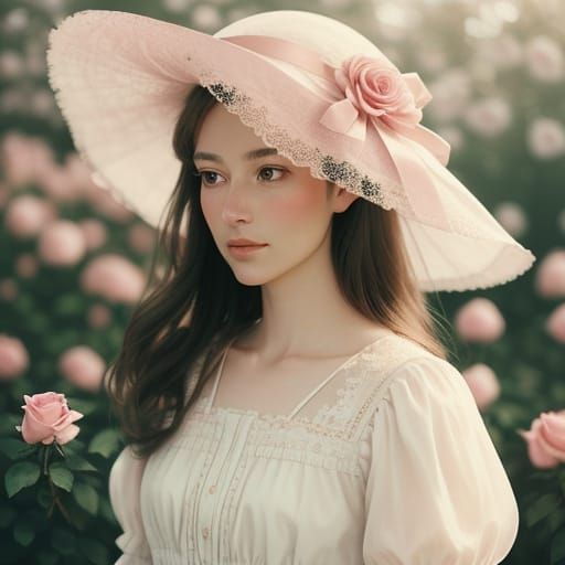 Romantic Portrait of Woman Amongst Roses in Impressionism St...