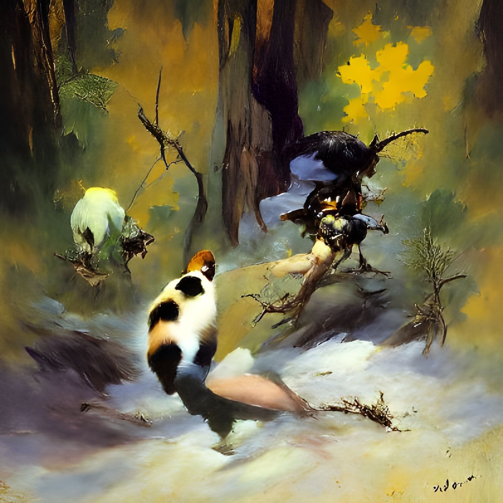 Calico Cat Hunting in Forest, Fantasy Art