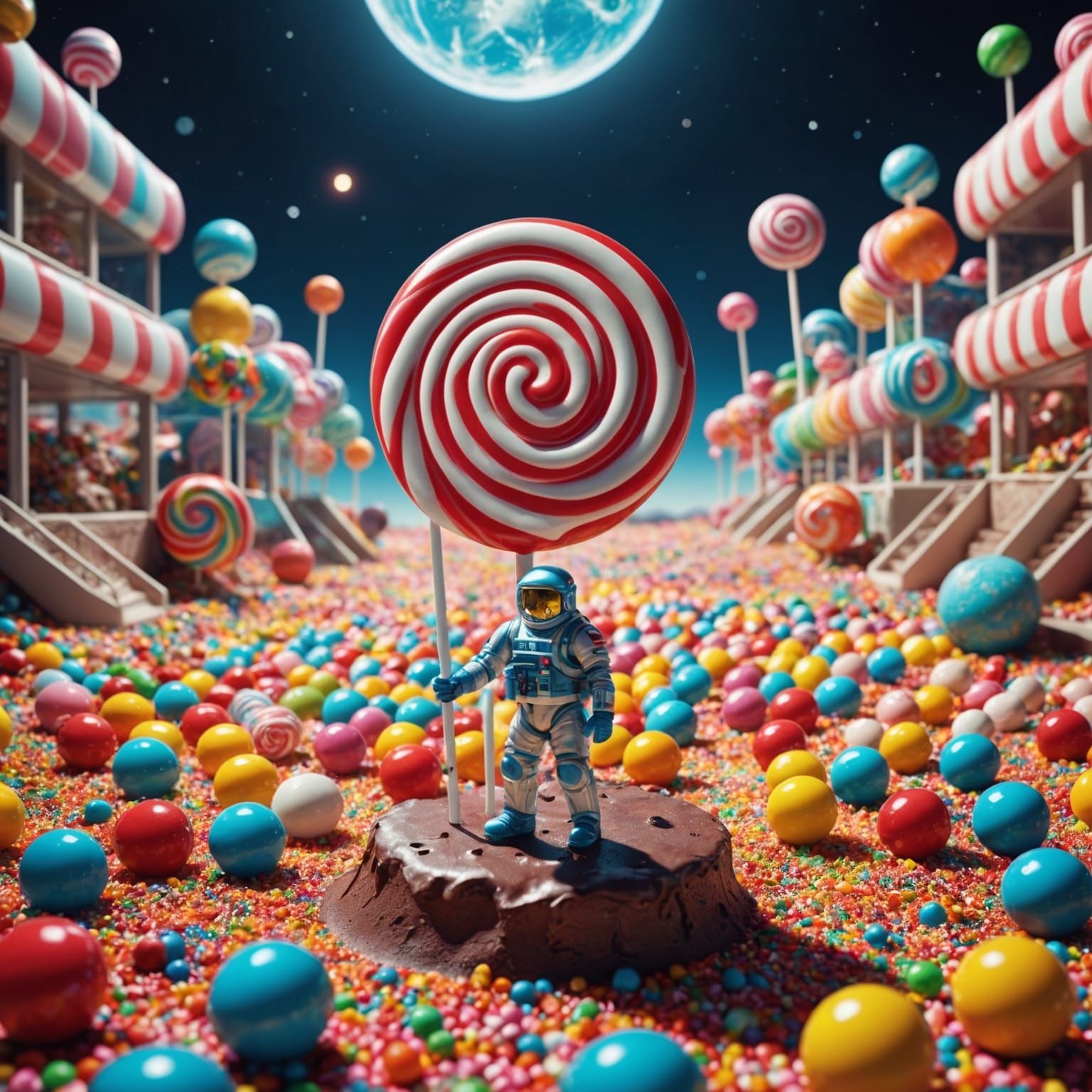 Candy Moonscape with AI Soldier in Surreal Scene