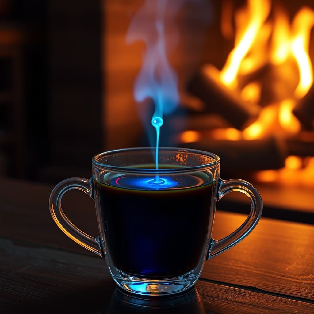 Iridescent Blue Droplet in Glass Cup, Soft Light from Crackl...