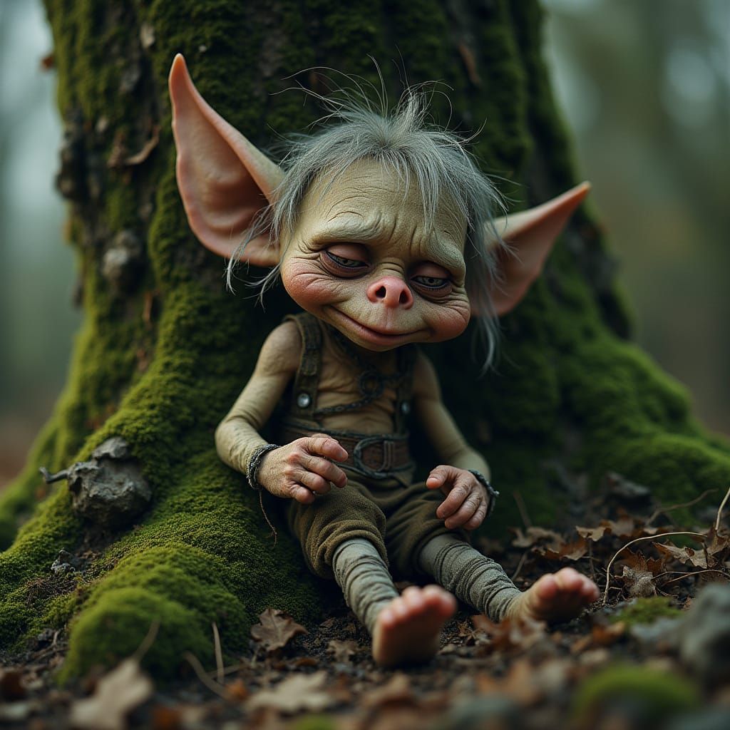 Disheveled Troll in Muted Forest Landscape