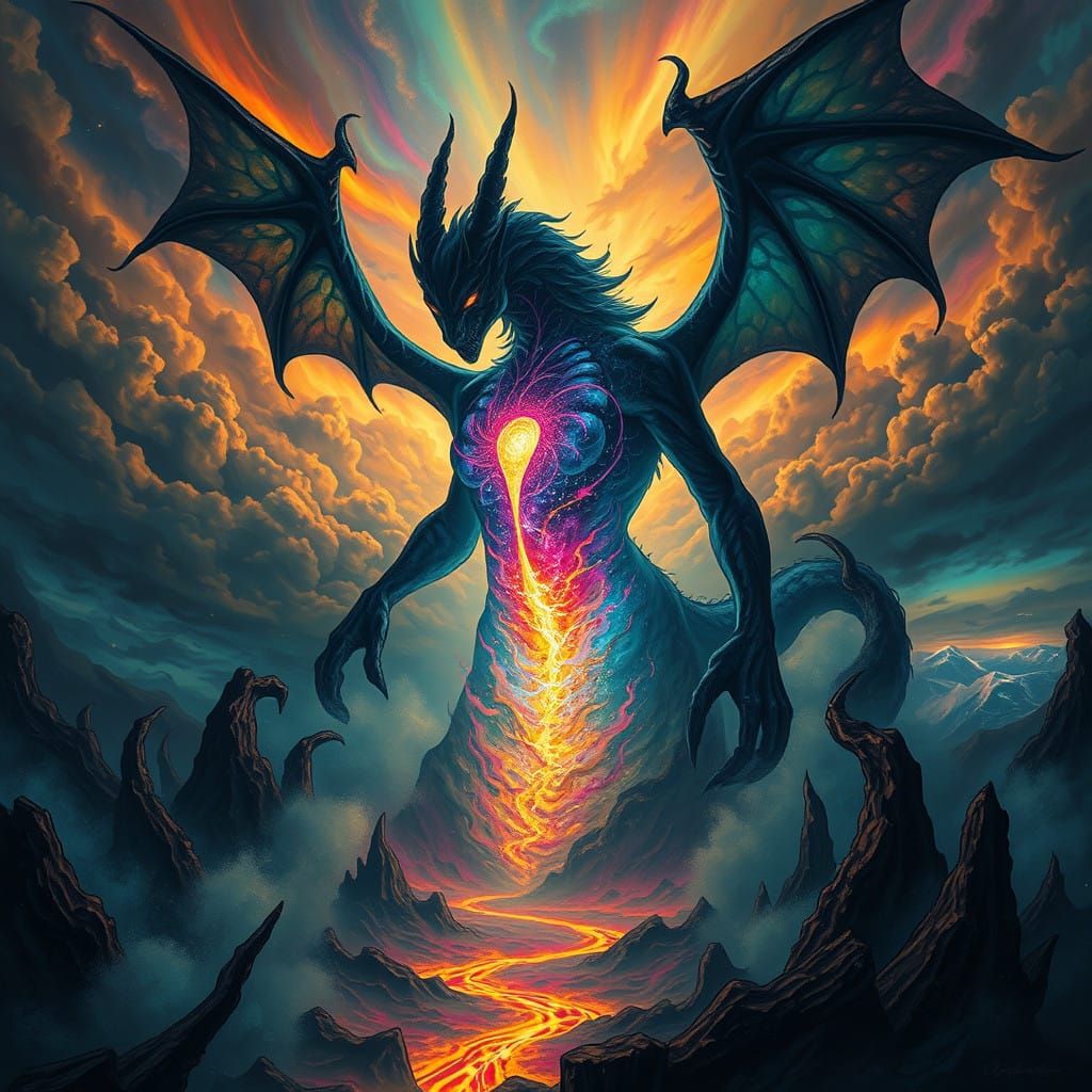 Ethereal Demoness in Iridescent Hues, Swirling Shadows and R...