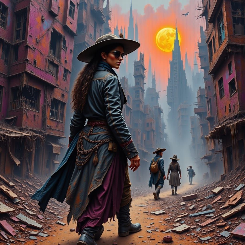 Dystopian Gypsy Trek Through Neon Cityscape