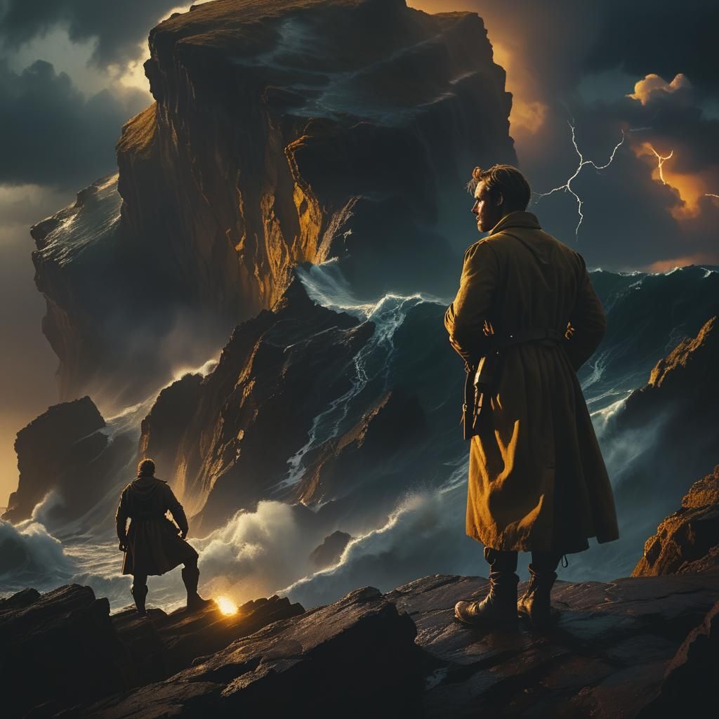 Heroic Figure Gazing at Stormy Sea, Cinematic Film Still