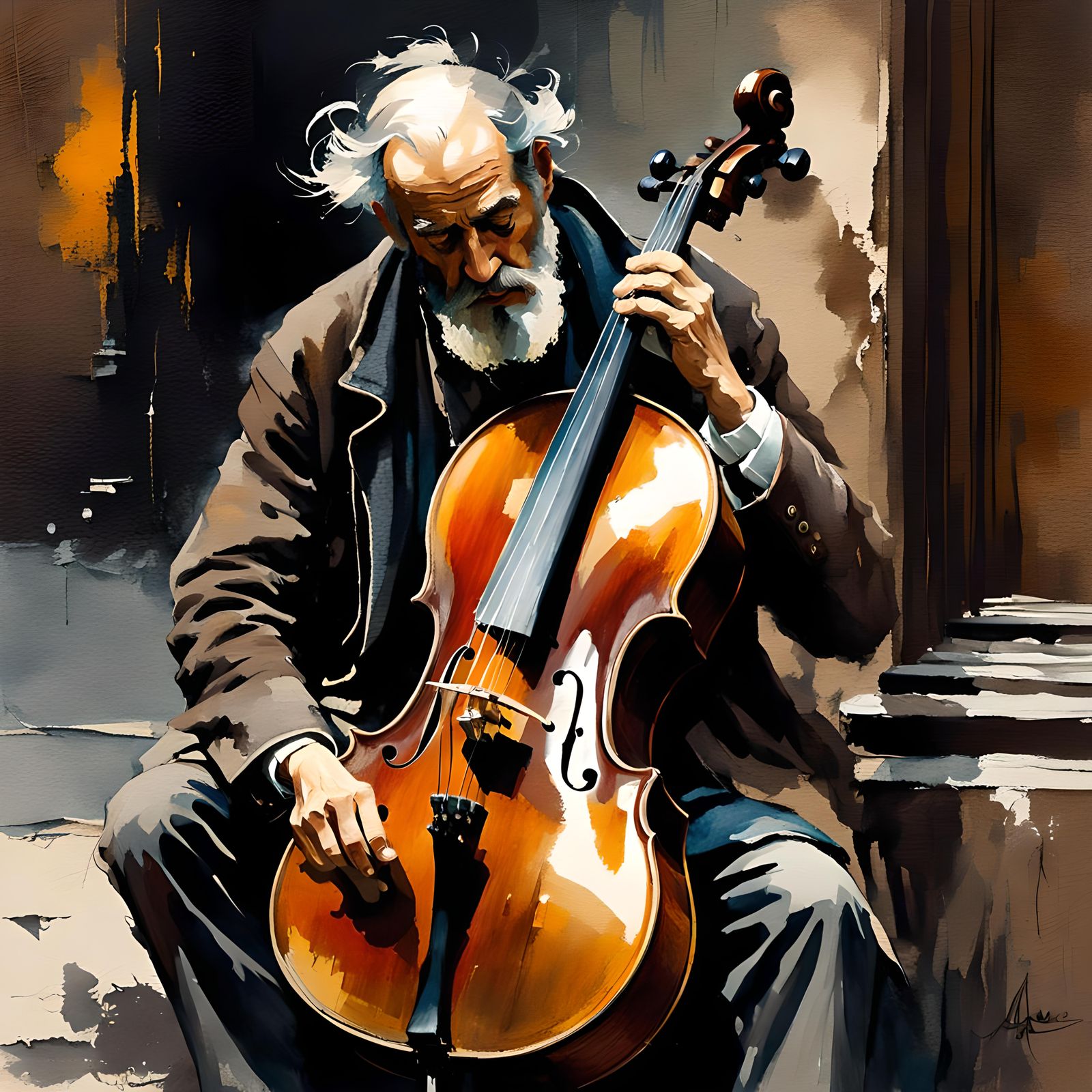 Homeless Man Playing Cello: Watercolor Painting