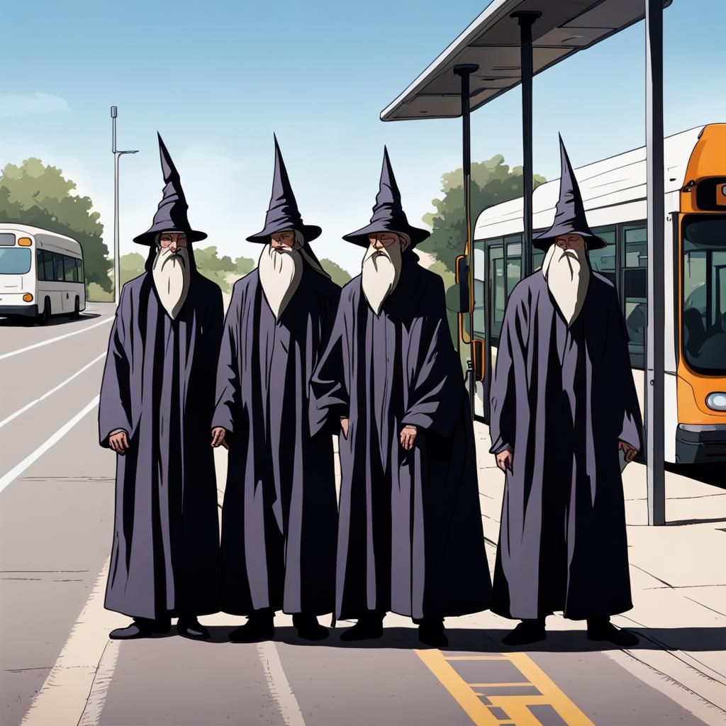 Impatient Wizards Awaiting Bus at Bus Stop