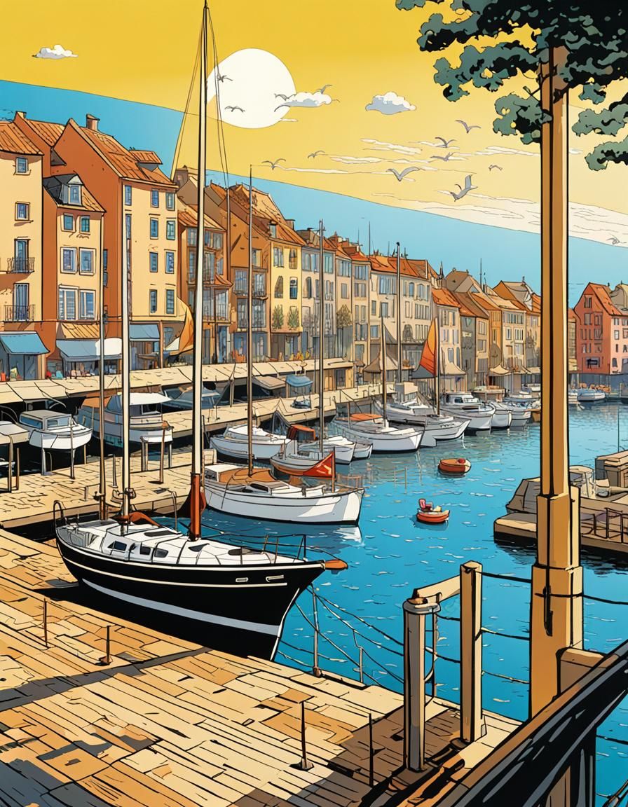 Sailboat at Marina in Vibrant Comic Book Style