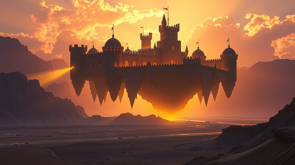 Floating Volcanic Sky Castle in Dark Fantasy Style