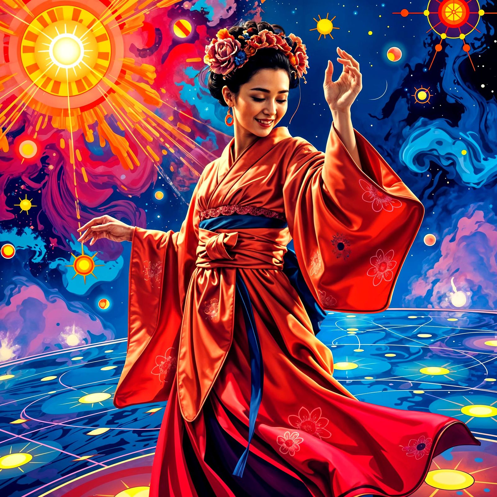 Japanese Woman Dancing in Retrofuturistic Space Disco