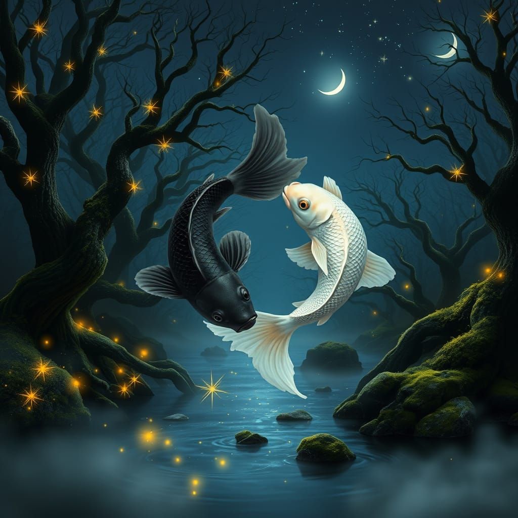 Whimsical Koi Fish in a Dreamy Forest Scene