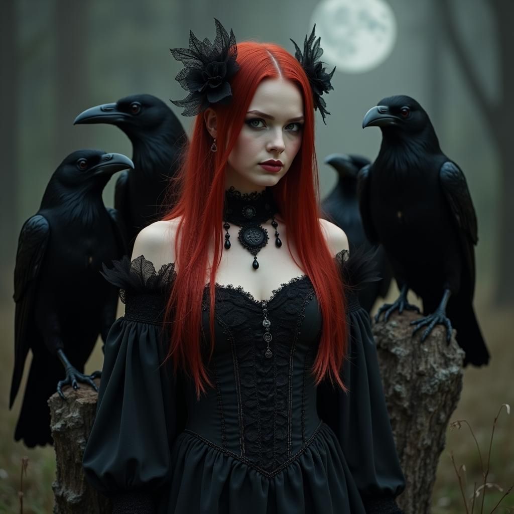 Gothic Woman with Ravens in Dark Fantasy Style