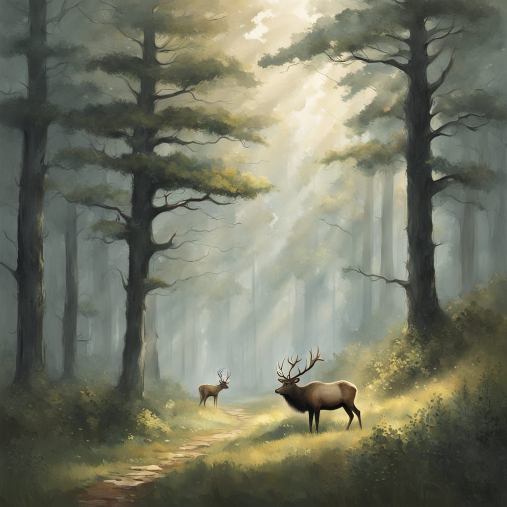 Whimsical Elk Grazing in a Serene Forest Glen