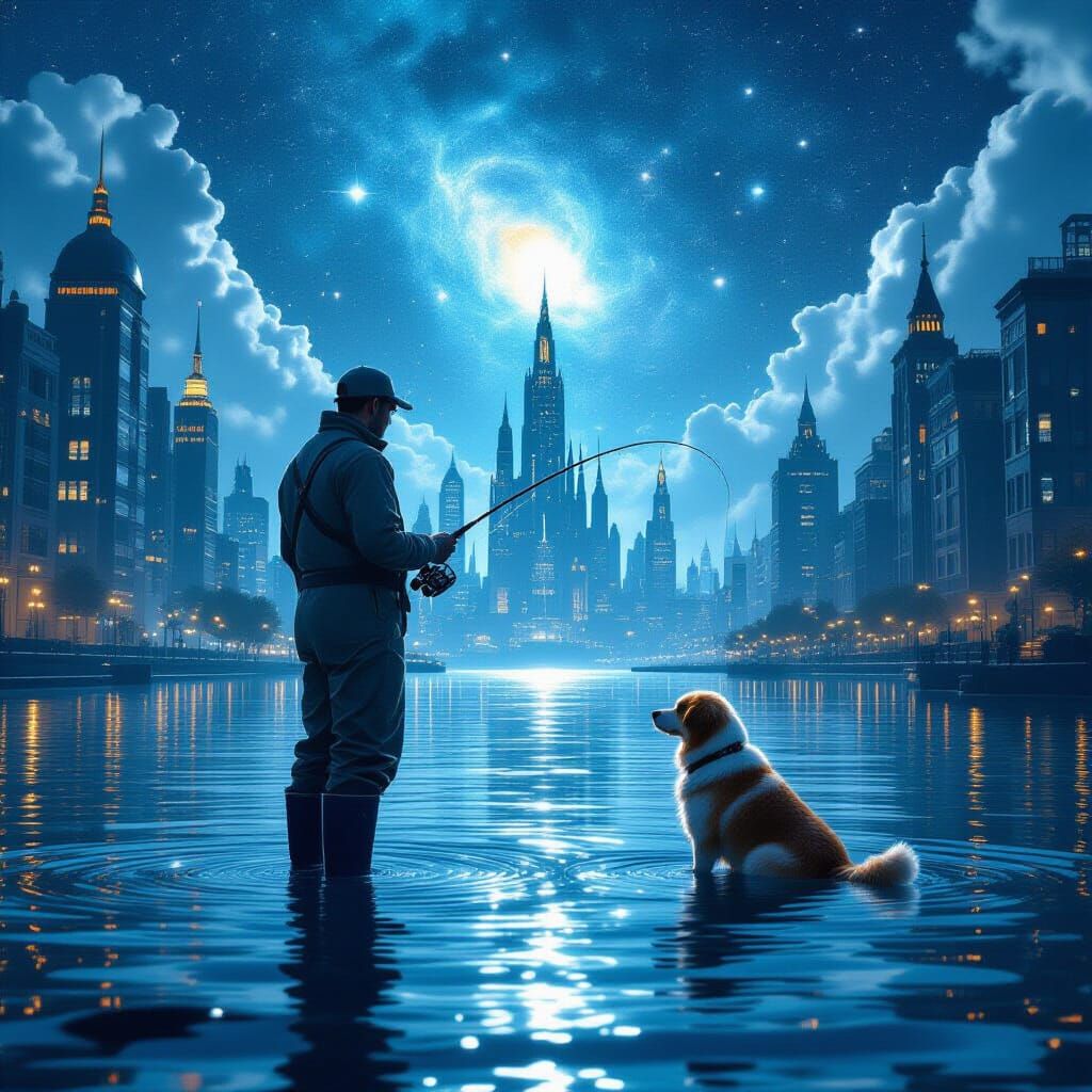 Cinematic Urban Fishing Scene with Dog
