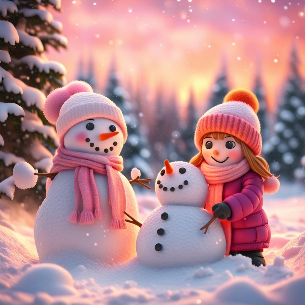 Whimsical Winter Wonderland with Snowman and Snow Woman