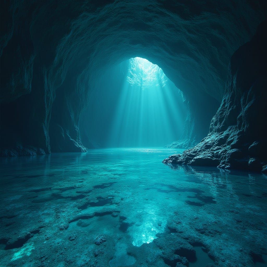 Dreamy Subterranean Lake with Bioluminescent Algae