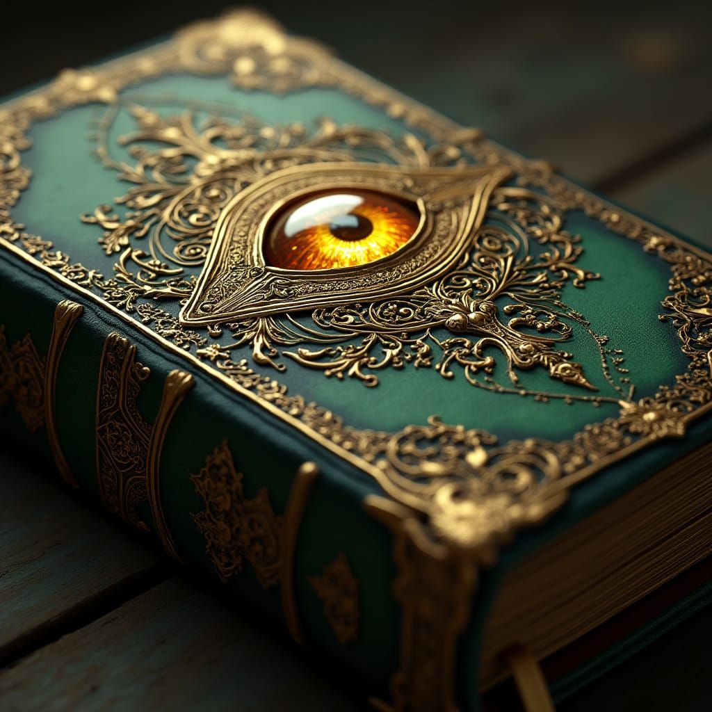 Tansy Green Book with Golden Eye in Close-Up