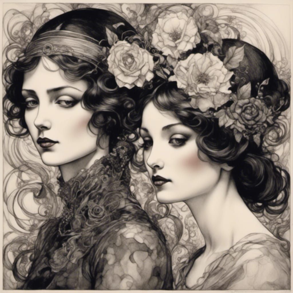 Macabre Ladybug Sisters in Retro Ink Drawing