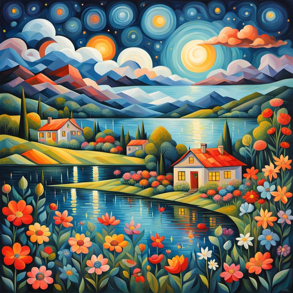 beautiful landscape cubism style