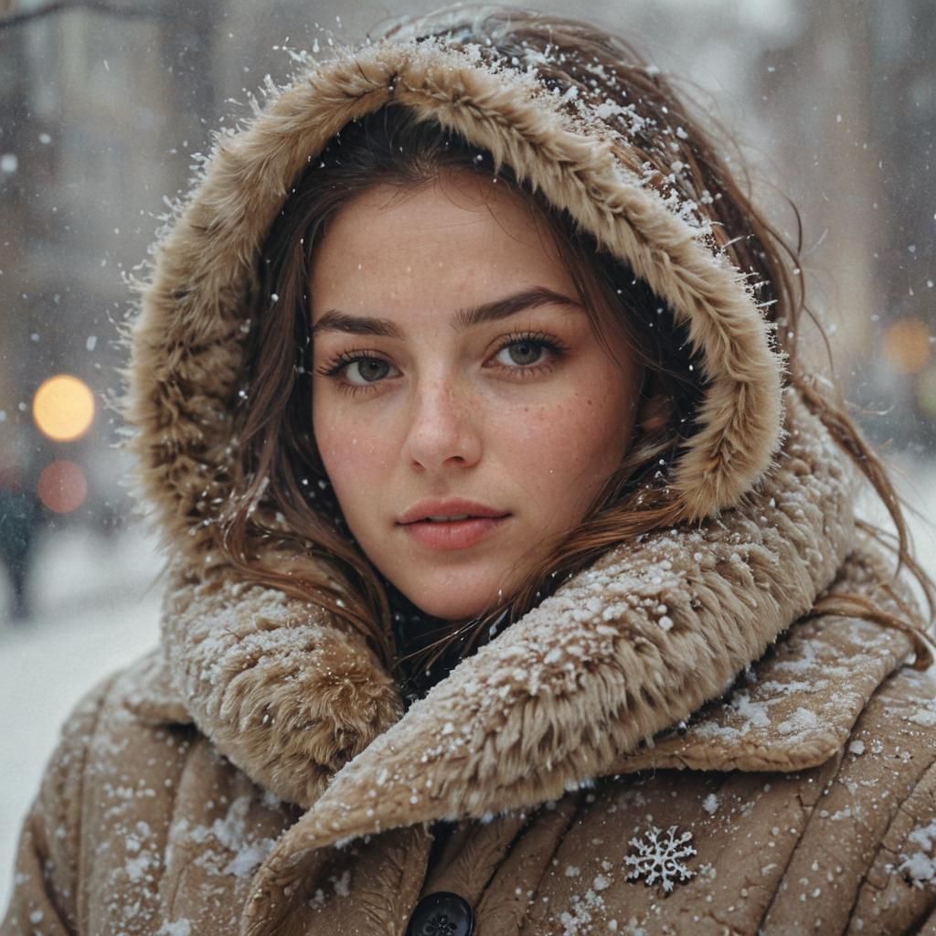 Hyperrealistic Woman in Winter Blizzard
