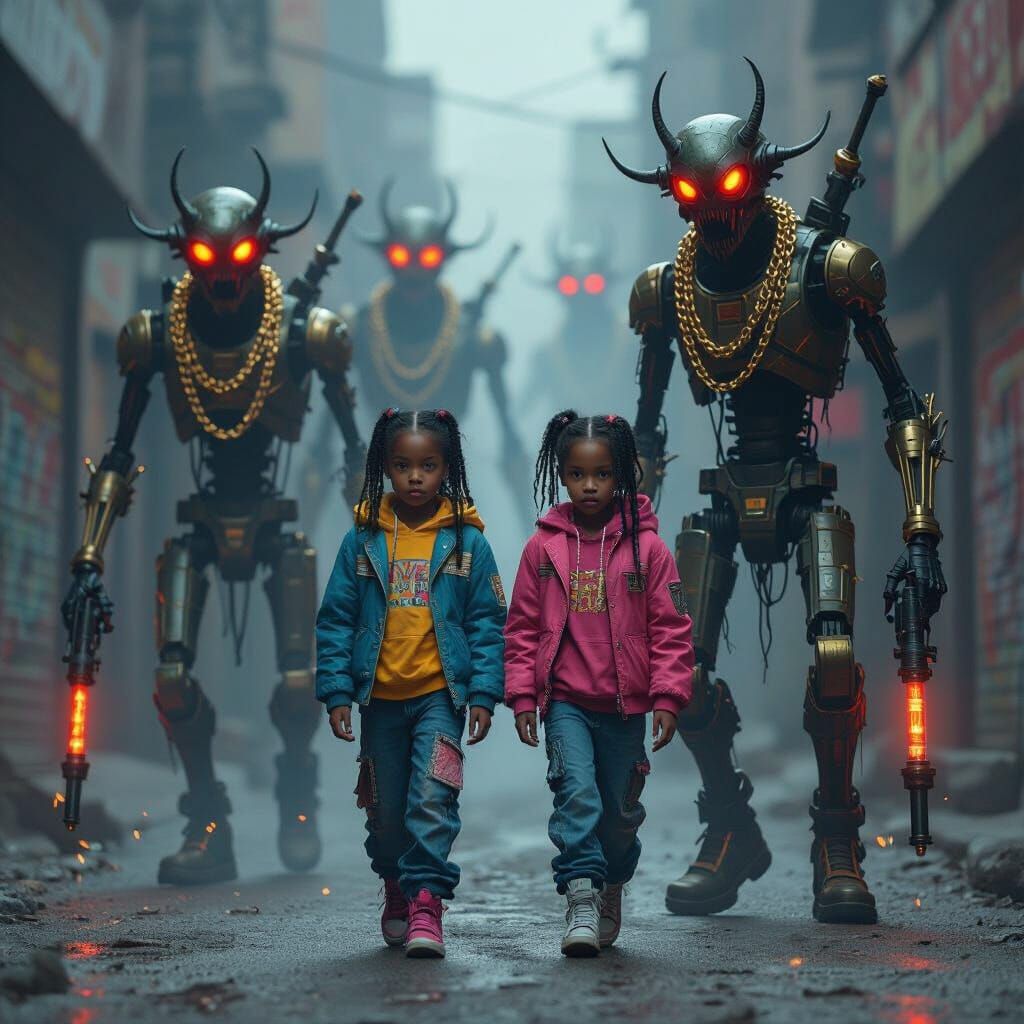 Street Monsters Loom Over Young Girls in Cyberpunk City