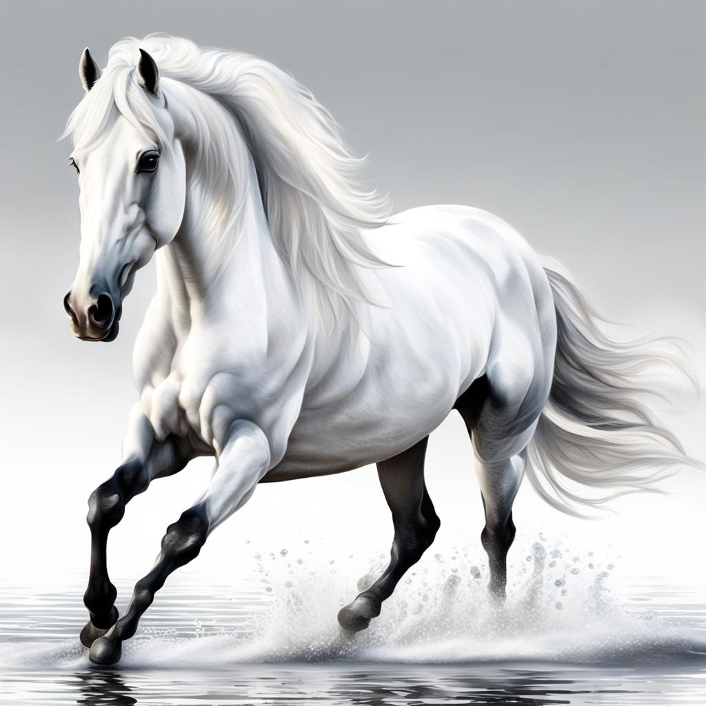 Hyperrealistic White Friesian Horse Walking on Water